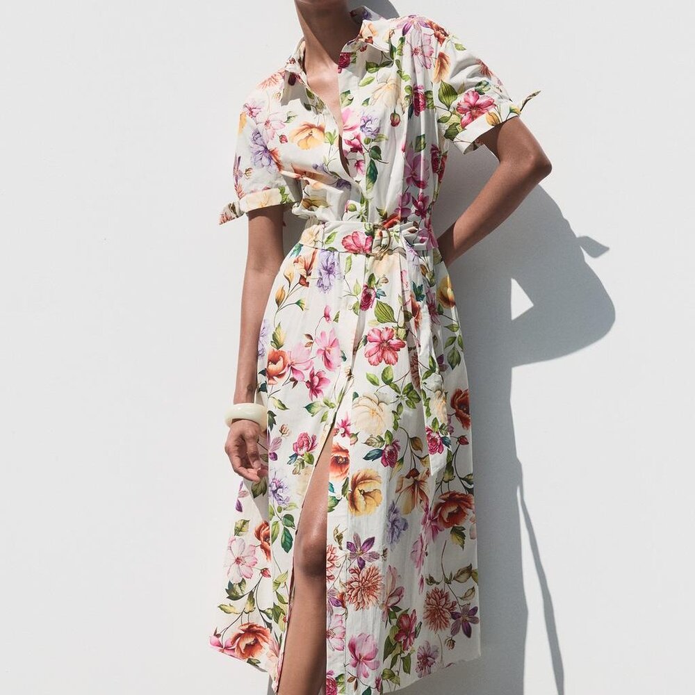 ZARA Women's Midi Dress Size Large Cotton Poplin Print Tie Sleeves Belted Floral